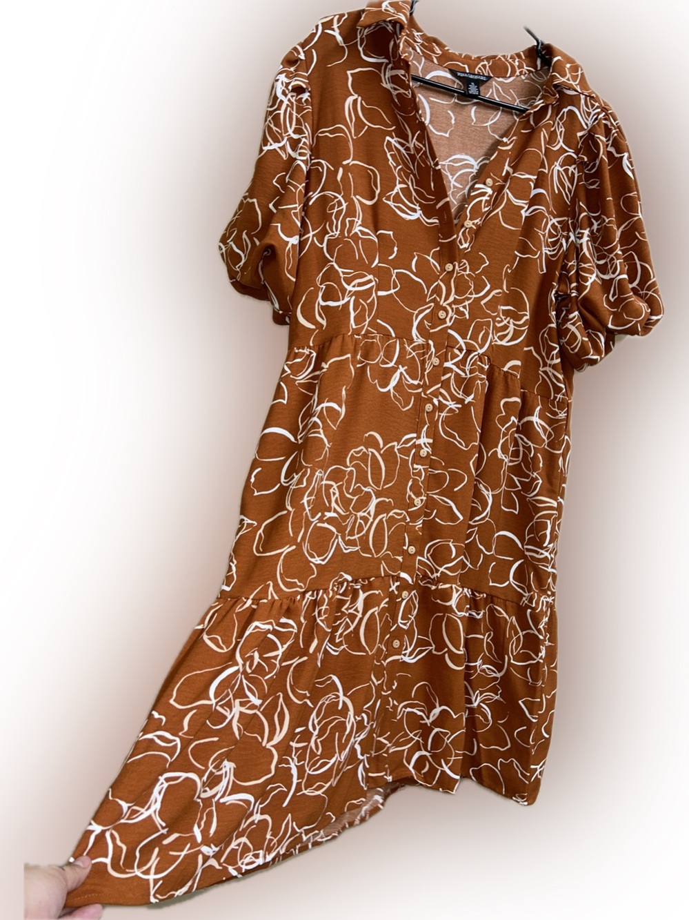 🔥5/$30🔥 Brown Floral Tiered Button Up Midi Dress | Size XL| Nina Leonard - Picture 4 of 10